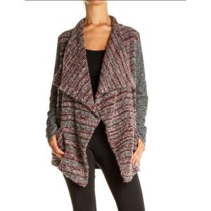 Lucky Brand Mixed Media Waterfall Cardigan Sweater Burgundy Gray Size S